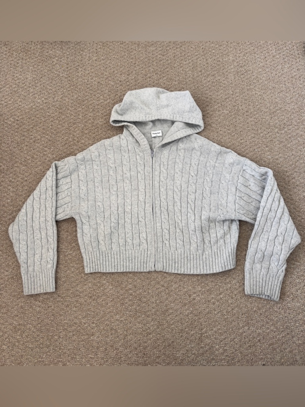 Aritzia Sunday Best Light Gray Cable-Knit Hooded Zip Sweater
